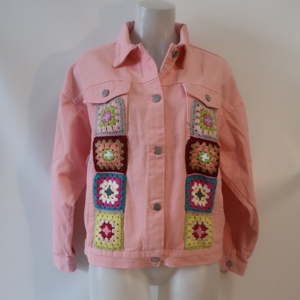 NWT Womens Regina (Item- 217) Pink Multicolor Crochet Motif Denim Jacket L - Picture 2 of 8